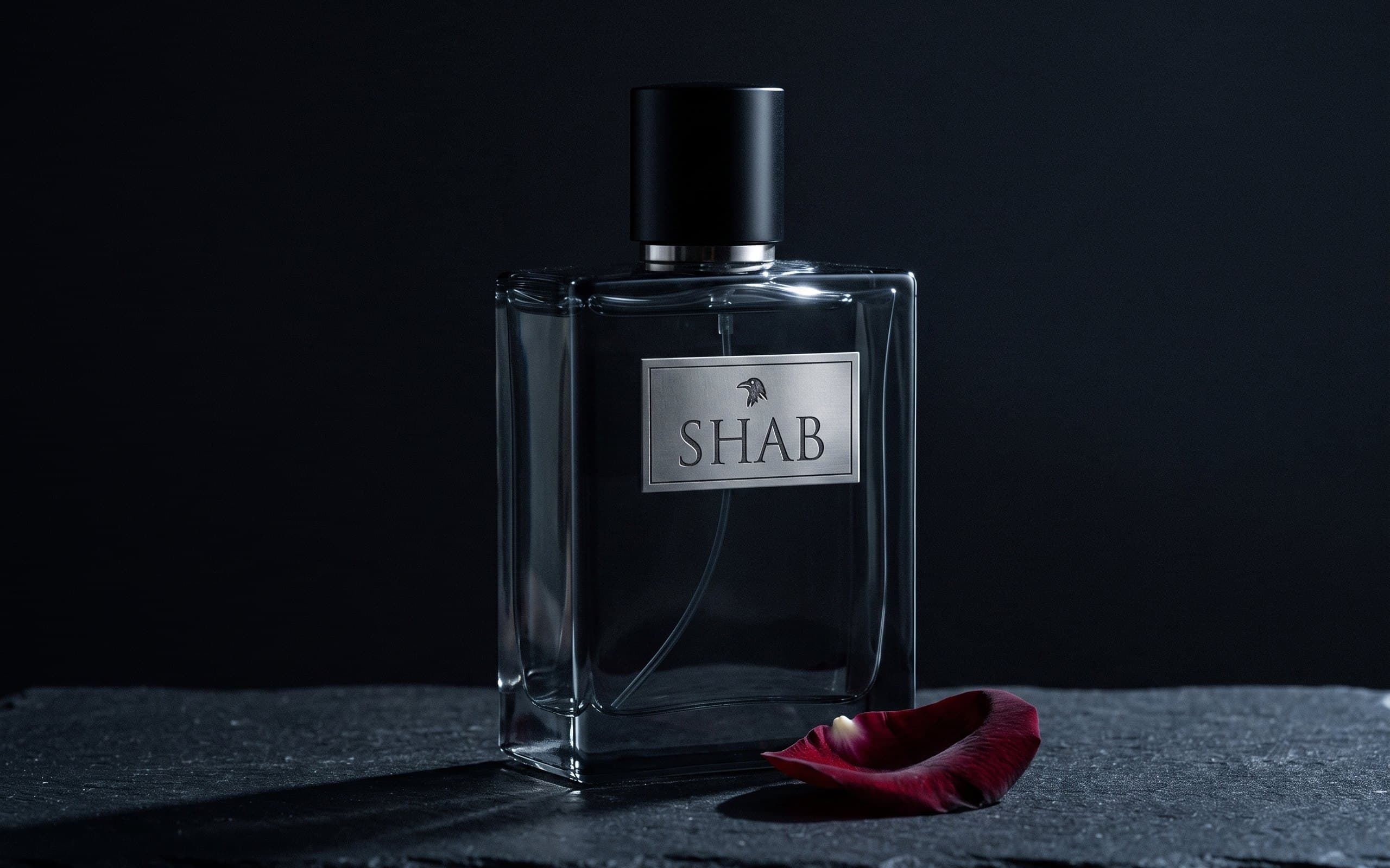 شیشه‌ی عطر خالص شب بر زمینه‌ای تیره