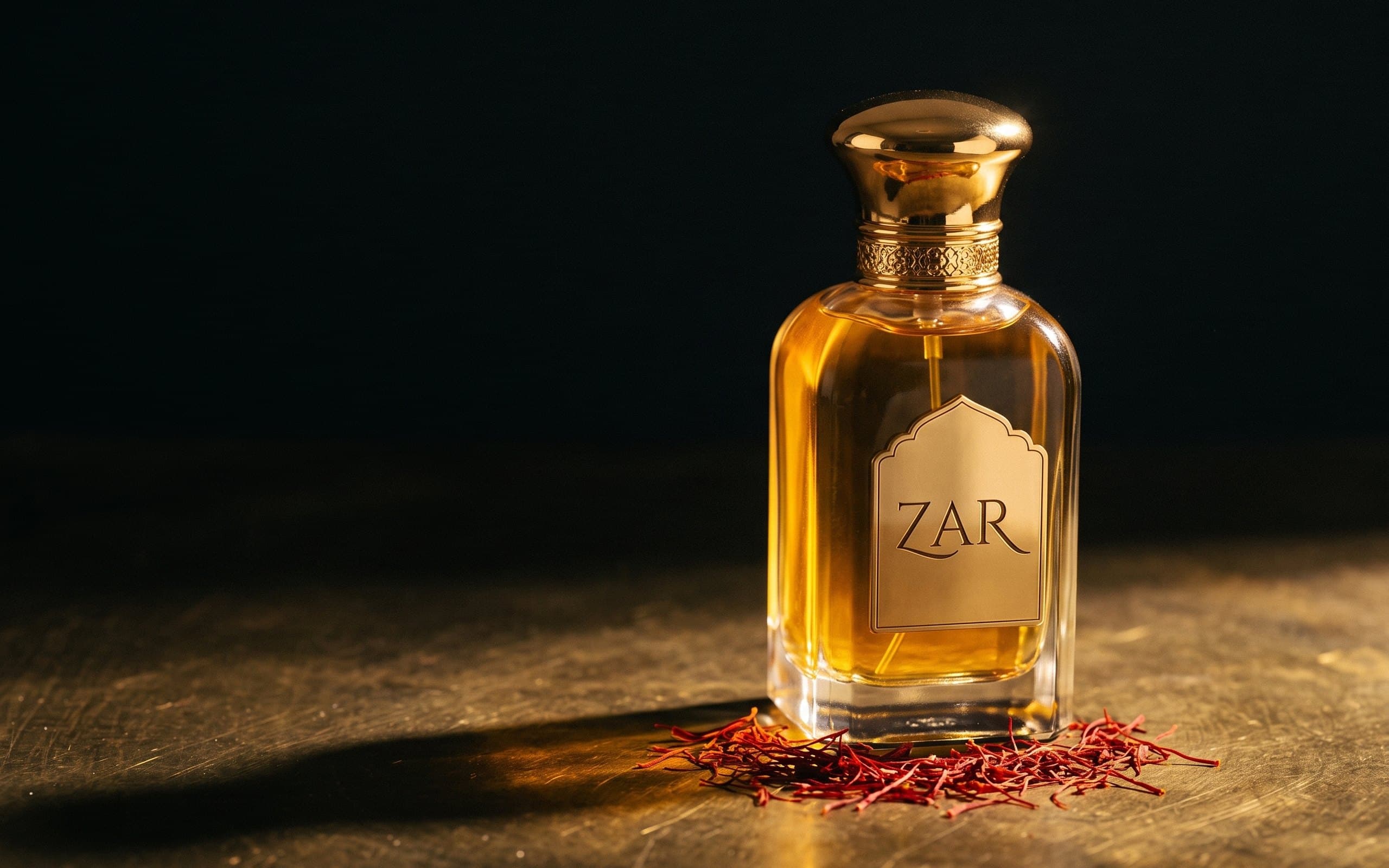 شیشه‌ی عطر خالص زر بر زمینه‌ای تیره